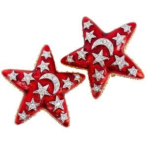 The Quacker Factory Red Enamel Celestial Star Moon Clip On Earrings Vintage Y2K